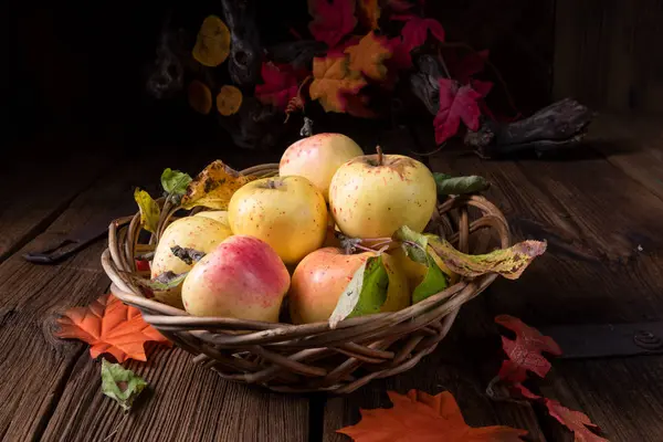 Pommes Bio Fraîches Savoureuses Dans Panier Osier — Photo