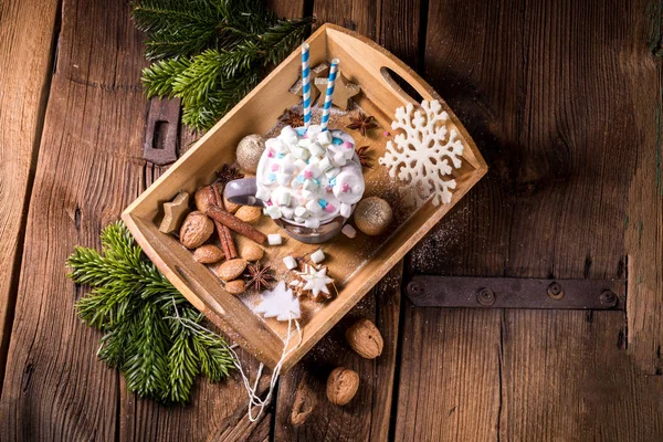 Cup Hot Chocolate Colorful Mini Marshmallows Mix Wooden Tray — Stock Photo, Image