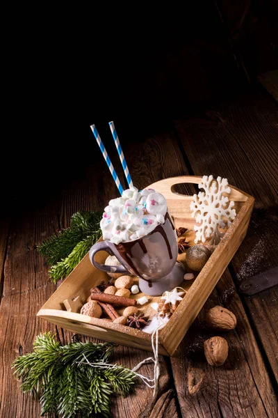 Cup Hot Chocolate Colorful Mini Marshmallows Mix Wooden Tray — Stock Photo, Image