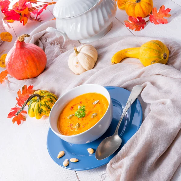 Healthy Pumpkin Soup Ginger Carrots Coconut Milk White Bowl — Stock Photo, Image