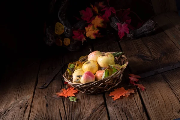 Świeże Smaczne Jabłka Ekologiczne Wiklinowym Koszu — Zdjęcie stockowe