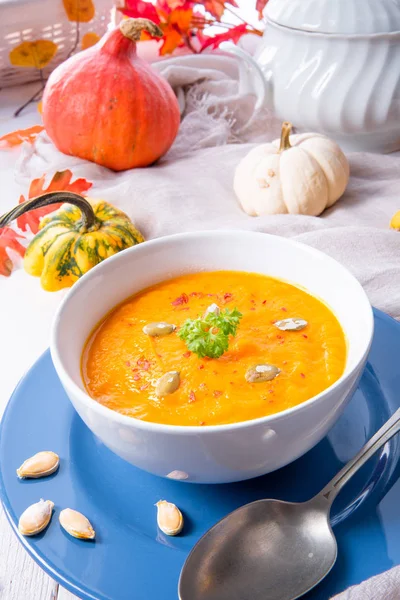 Healthy Pumpkin Soup Ginger Carrots Coconut Milk White Bowl — Stock Photo, Image