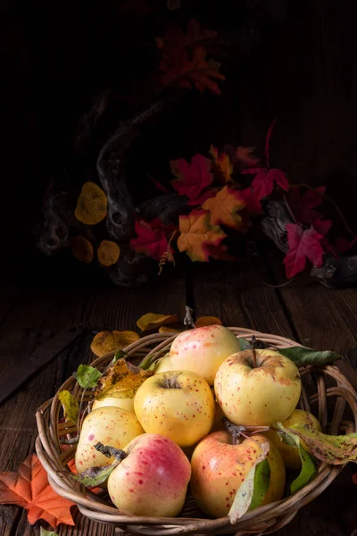 Pommes Bio Fraîches Savoureuses Dans Panier Osier — Photo