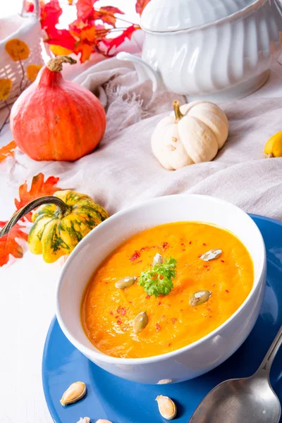 Healthy Pumpkin Soup Ginger Carrots Coconut Milk Bowl — Stock Photo, Image