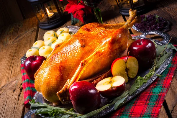 Festive Stuffed Roast Goose Red Apples Dumplings — Stock Photo, Image