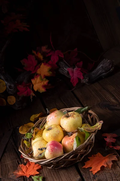 Frische Und Schmackhafte Bio Äpfel Weidenkorb — Stockfoto