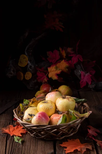 Taze Lezzetli Organik Elmalar Sepette — Stok fotoğraf