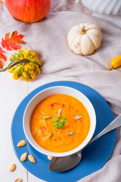 Healthy Pumpkin Soup Ginger Carrots Coconut Milk — Stock Photo, Image