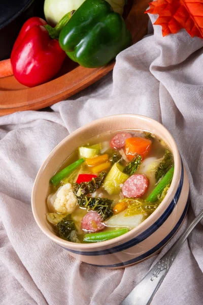 Delicious autumnal vegetable soup with sausage and bacon — Stock Image Delicious Autumnal Vegetable Soup Sausage Bacon Stock Picture