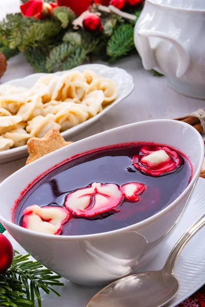 Rotes Barszcz Mit Uszka Eine Polnische Weihnachtssuppe — Stockfoto
