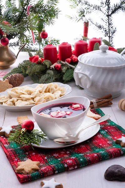 Red Barszcz Uszka Polish Christmas Soup — Stock Photo, Image