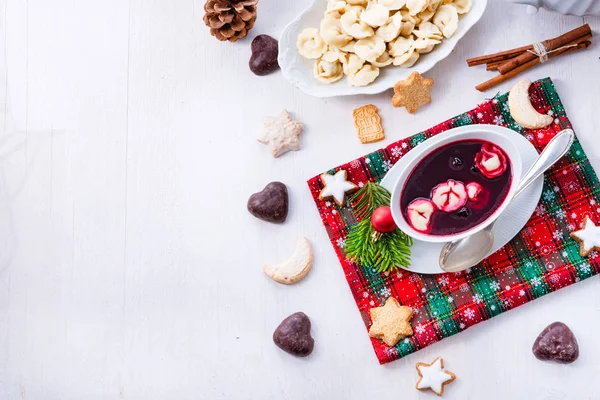 Red Barszcz Uszka Polish Christmas Soup — Stock Photo, Image