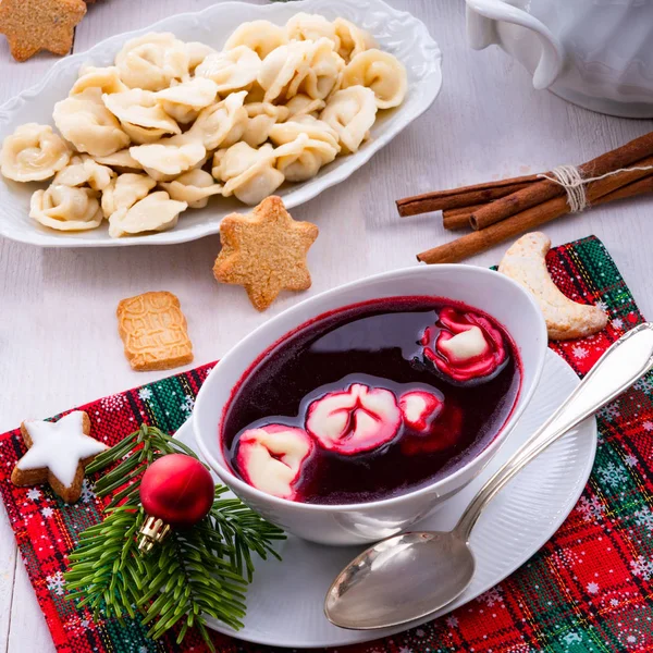 Rojo Barszcz Con Uszka Una Sopa Navidad Polaco — Foto de Stock