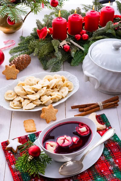 Red Barszcz Uszka Polish Christmas Soup — Stock Photo, Image