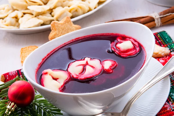 Rotes Barszcz Mit Uszka Eine Polnische Weihnachtssuppe — Stockfoto