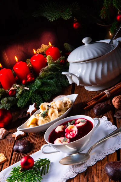 Christmas Beetroot Soup Borscht Small Dumplings — Stock Photo, Image