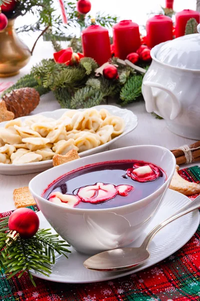 Rotes Barszcz Mit Uszka Polnische Weihnachtssuppe — Stockfoto