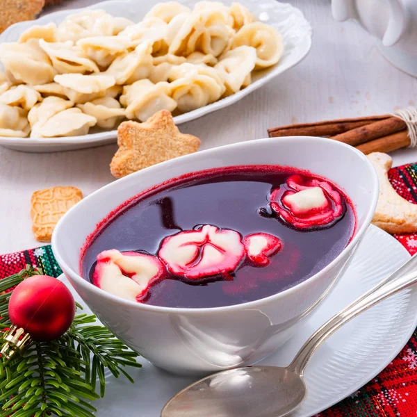 Red Barszcz Uszka Polish Christmas Soup — Stock Photo, Image