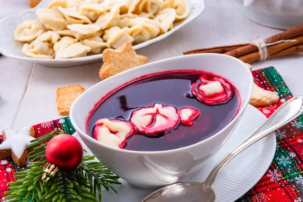 Barszcz Czerwony Uszka Polskie Boże Narodzenie Zupa — Zdjęcie stockowe