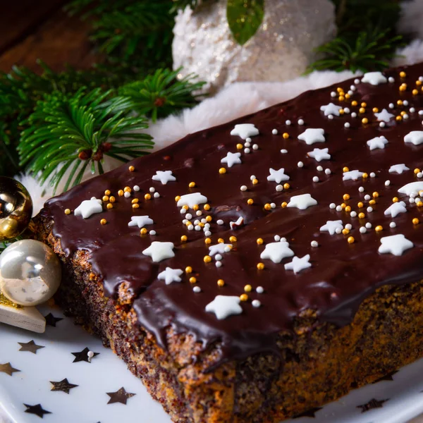 Christmas Poppy Seed Cake Chocolate Nuts Raisins — Stock Photo, Image