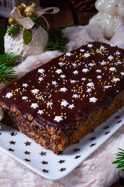 Christmas Poppy Seed Cake Chocolate Nuts Raisins — Stock Photo, Image