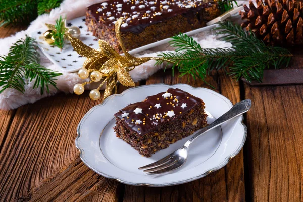 Christmas Poppy Seed Cake Chocolate Nuts Raisins — Stock Photo, Image
