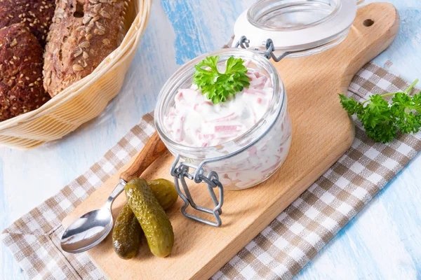 Delicious Homemade Meat Salad Mayonnaise Cucumber — Stock Photo, Image