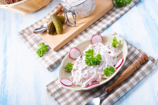Delicious Homemade Meat Salad Mayonnaise Cucumber — Stock Photo, Image