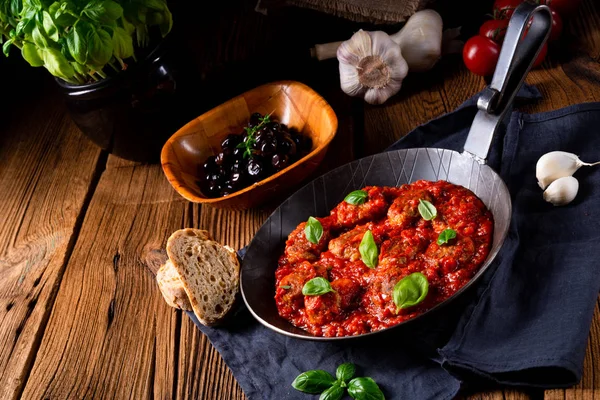 Baked Mini Meatballs Tomato Sauce Basi — Stock Photo, Image