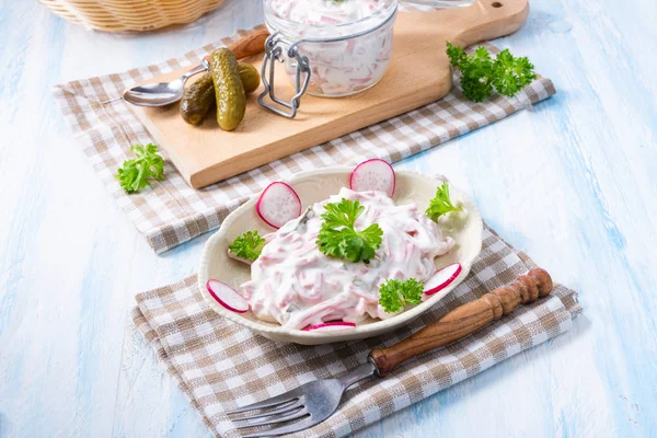 Delicious Homemade Meat Salad Mayonnaise Cucumber — Stock Photo, Image