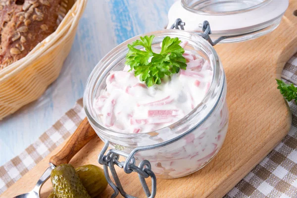 Delicious Homemade Meat Salad Mayonnaise Cucumber — Stock Photo, Image