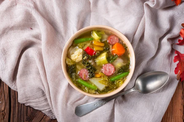 Delicious autumnal vegetable soup with sausage and bacon — Stock Image Delicious Autumnal Vegetable Soup Sausage Bacon Stock Photo