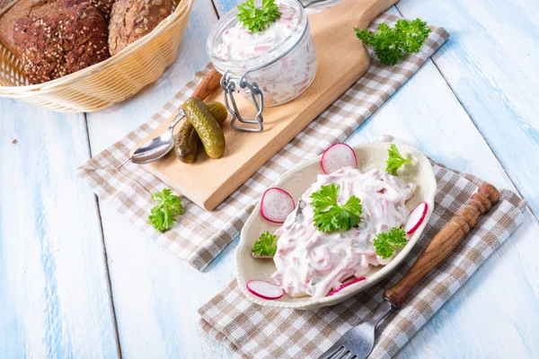 Delicious Homemade Meat Salad Mayonnaise Cucumbe — Stock Photo, Image