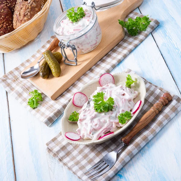 Delicious Homemade Meat Salad Mayonnaise Cucumbe — Stock Photo, Image