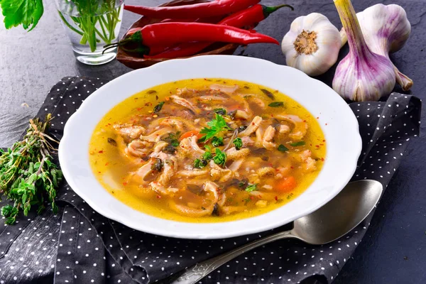 Sopa tradicional de callos en estilo polaco con carne de res y verduras —  Fotos de Stock