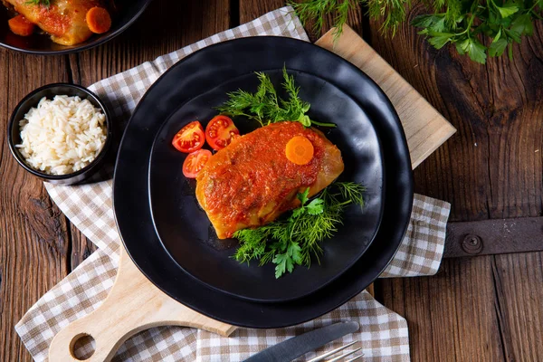 Rollos Col Asada Con Arroz Carne Picada Según Receta Omas — Foto de Stock