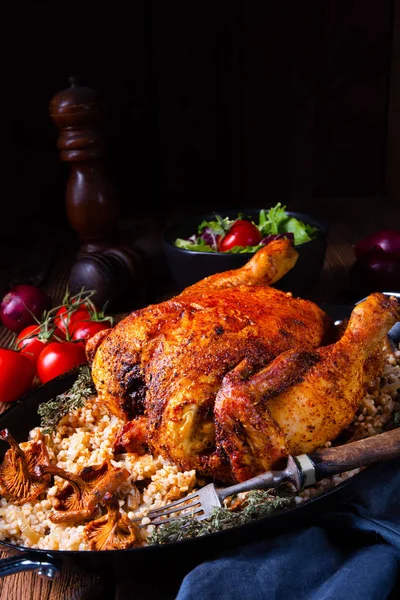 Grilled Spicy Chicken Barley Groats Mushrooms — Stock Photo, Image