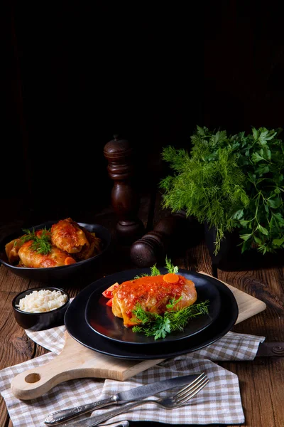 Rollos Col Asada Con Arroz Carne Picada Según Receta Omas —  Fotos de Stock