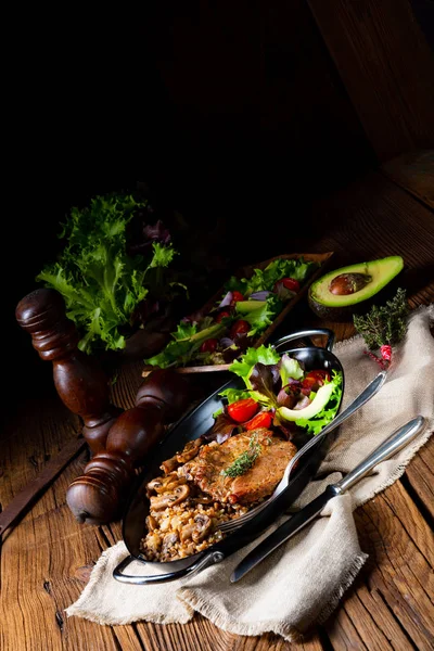 Pork Steak Mushrooms Buckwheat Groats Mango Salad — Stock Photo, Image