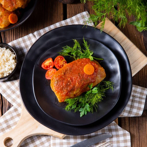 Rollos Col Asada Con Arroz Carne Picada Según Receta Omas — Foto de Stock