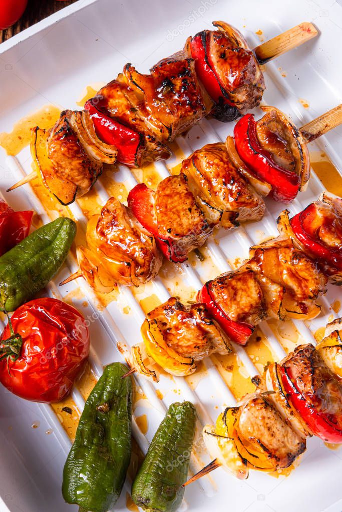 marinated kebab skewers with meat and vegetables