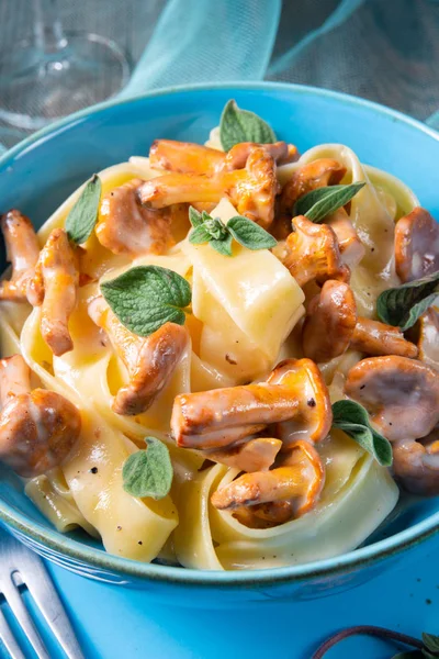 Pappardelle med ostsås och färska kantareller — Stockfoto