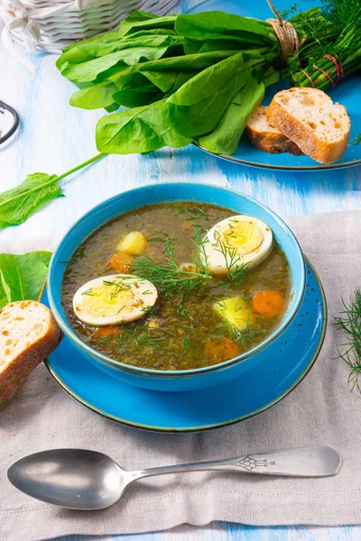 Sorrel soup with potatoes and egg — Stock Photo, Image