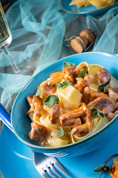 Pappardelle med ostsås och färska kantareller — Stockfoto