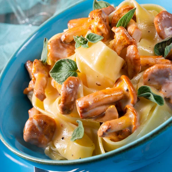 Pappardelle with cheese sauce and fresh chanterelles — Stock Photo, Image