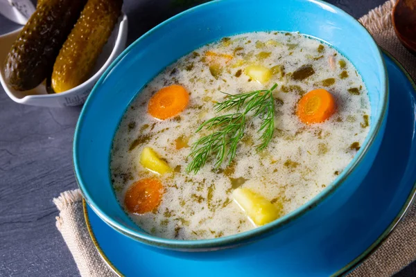 Zupa ogórkowa lub zupa z ogórków solnych. — Zdjęcie stockowe