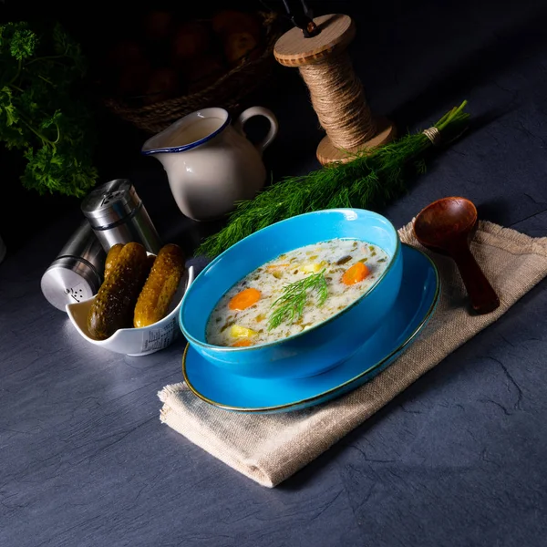Soupe au concombre aigre polonais ou soupe au concombre salé. — Photo