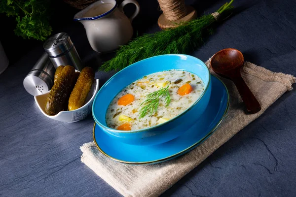 Польский кислый огуречный суп или соленый огурец. — стоковое фото
