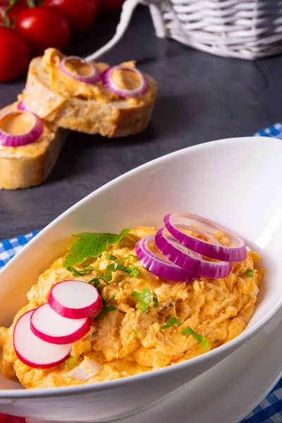 The perfect Bavarian obazda with radishes and onions — Stock Photo, Image