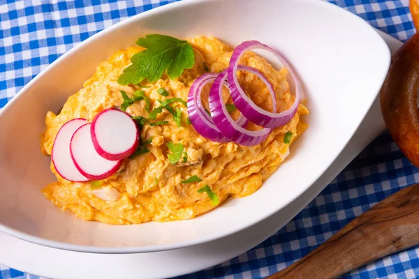 The perfect Bavarian obazda with radishes and onions — Stock Photo, Image